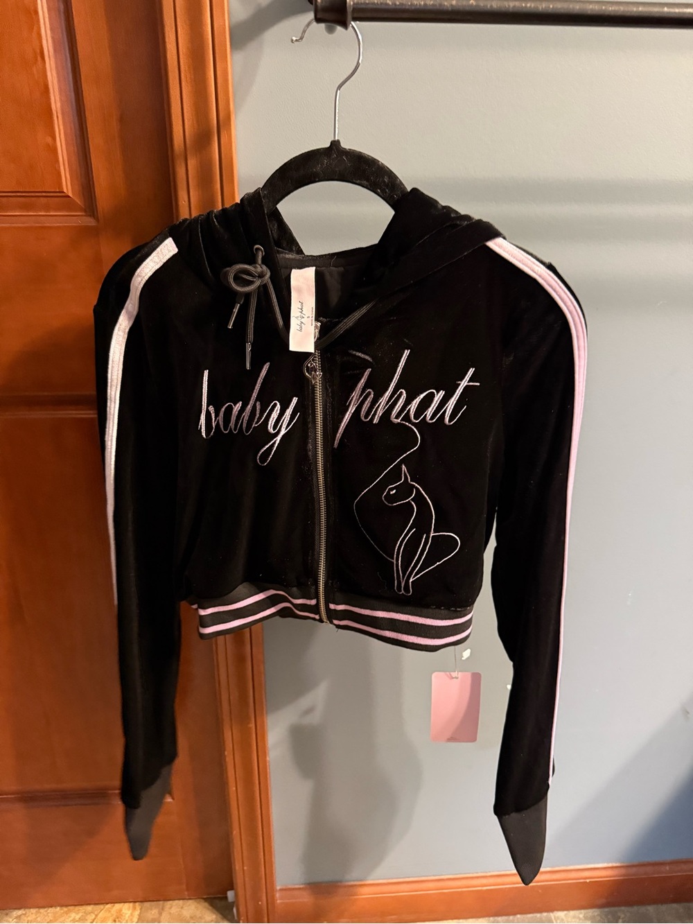 NEW Baby Phat Black Velvet Zip Hoodie with Pink Trim size S